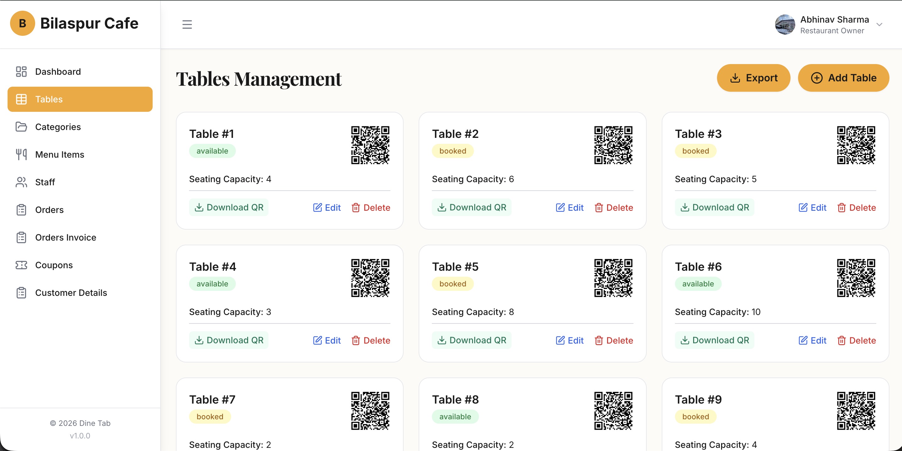 Tables management dashboard